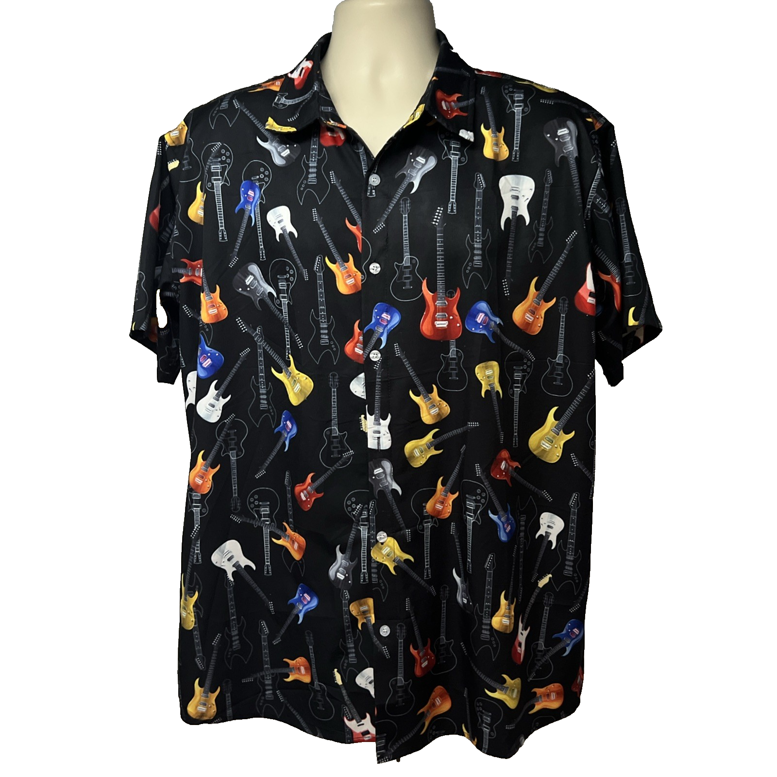 All Over Graphic Guitars Black Button Up Shirt Mens Xl Soft Relaxed Stretch